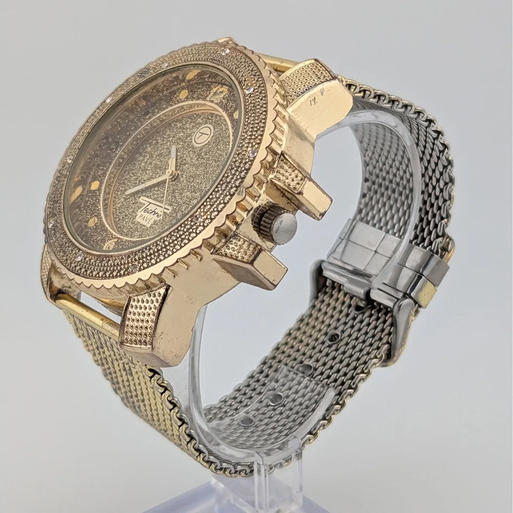 Techno Pave 7758 Men's 51mm Gold Tone Crystal Iced Bling Statement Quartz Watch